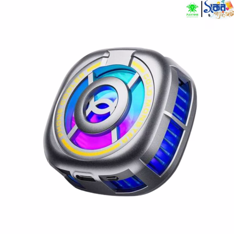 Plextone EX2-Ultra RGB Magnetic Radiator Phone Cooler attached on smartphone with glowing RGB lights